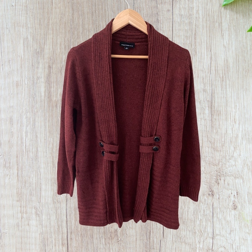 Fortune & Ivy Raiden Tab Detail Shawl Collar Open Cardigan Size M